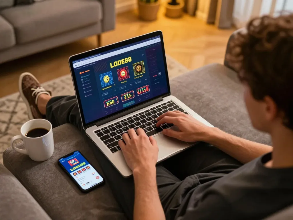 Engaging with Link LODE88 for online betting on a cozy sofa, highlighting responsible gaming.