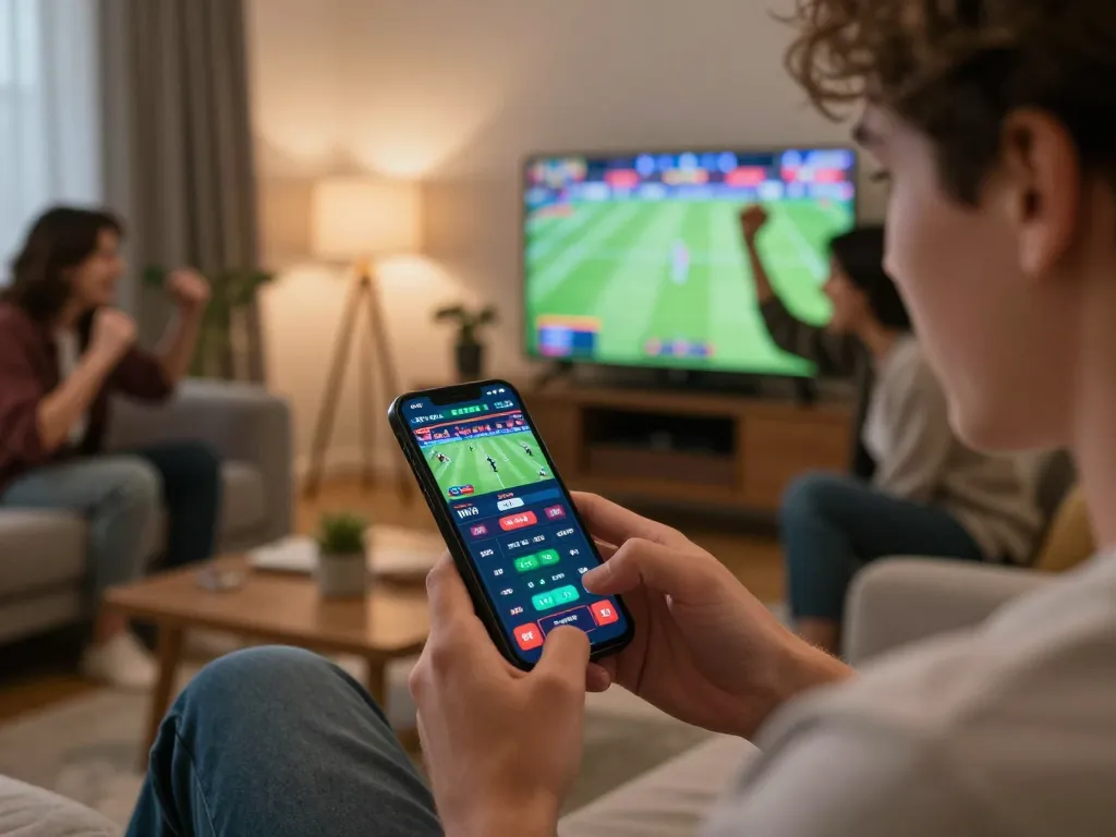 Person actively placing sports bets on a smartphone, showcasing strategic gaming with 7m odds.