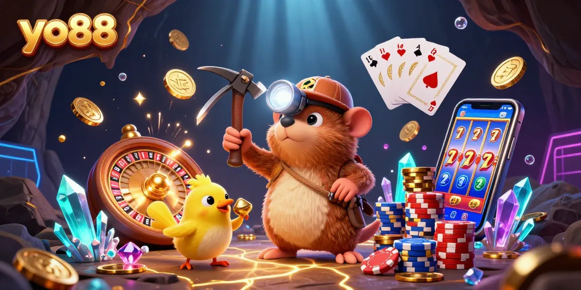 Experience excitement at yo88 with a vibrant 3D cash-filled casino environment featuring a treasure hunter mole.