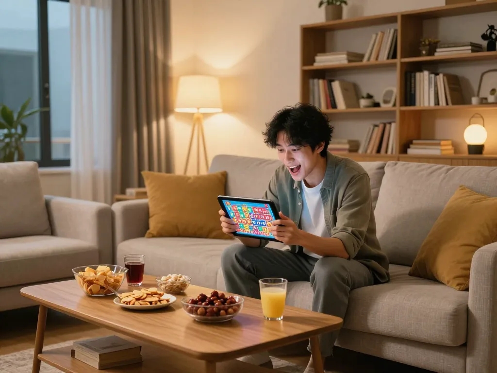 A person playing the 9 Lotto 4D prize lottery on a tablet in a cozy home setting, surrounded by snacks and drinks.
