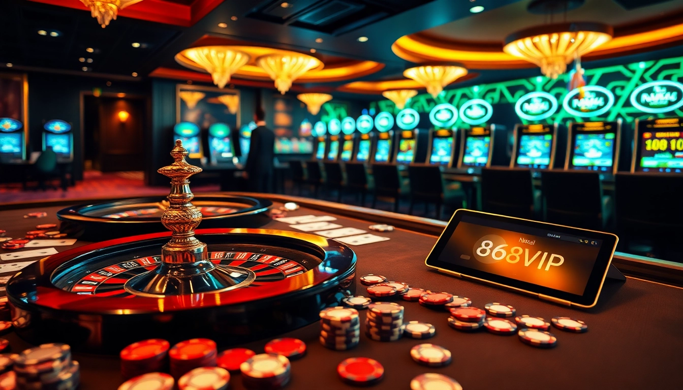 Experience the excitement of high-stakes betting at Nhà Cái 68VIP casino with luxurious tables and slot machines.