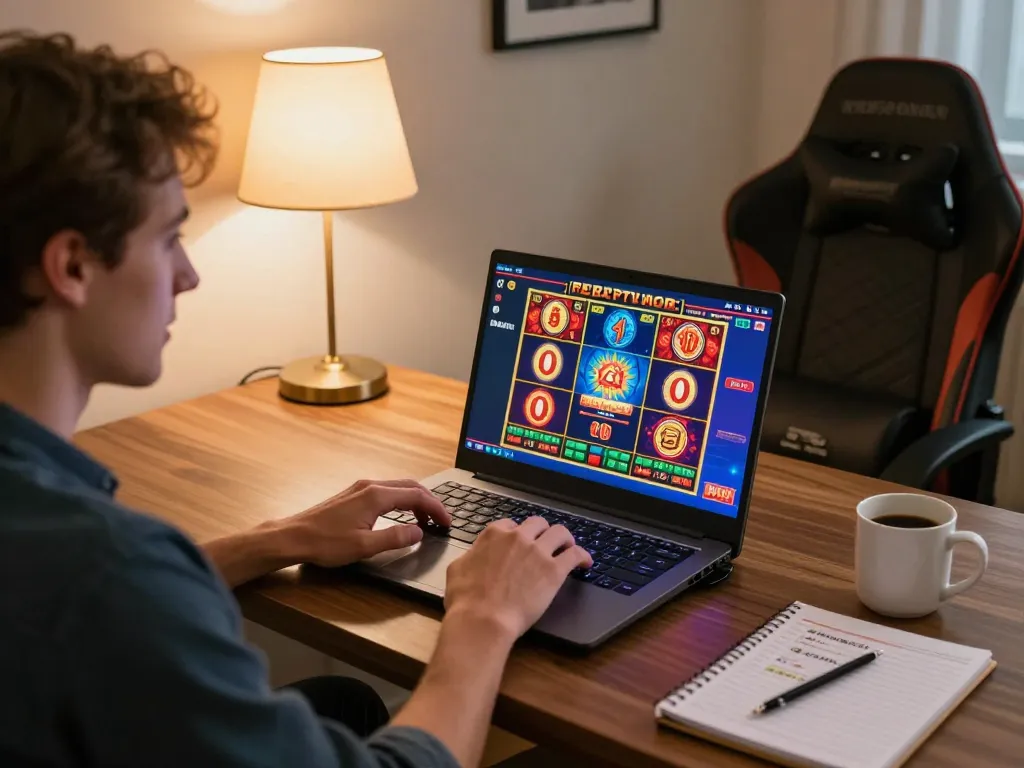Engaging with real money pokies Australia on a laptop in a cozy home gaming setup, highlighting strategy and excitement.