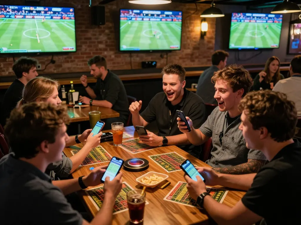 Friends eagerly placing bets on MM88 app while enjoying live sports in a vibrant bar setting.