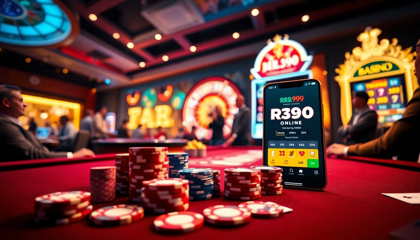 An engaging gambling scene showcasing the excitement of online play at https://rr99.center/, featuring luxurious casino tables and vibrant poker elements.