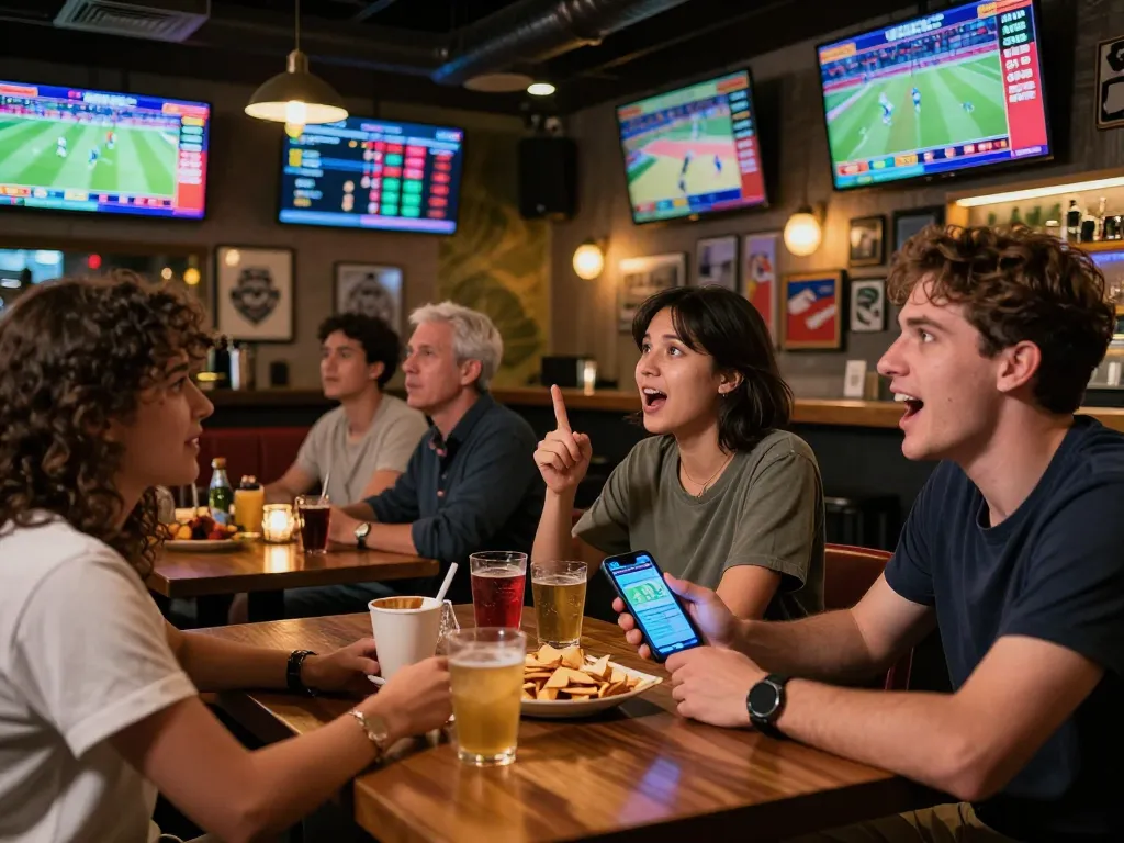 Engaged bettors using fabet app for real-time sports betting at a vibrant sports bar.