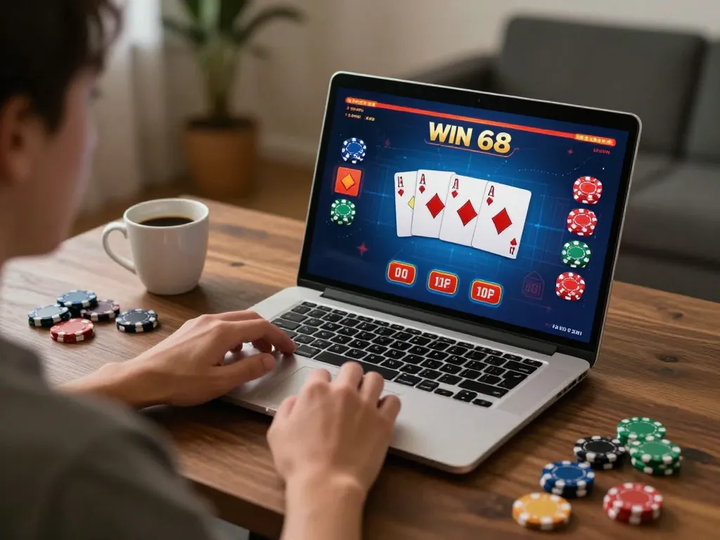 Engaging in win68 live dealer blackjack, player immersed in online gaming setup.