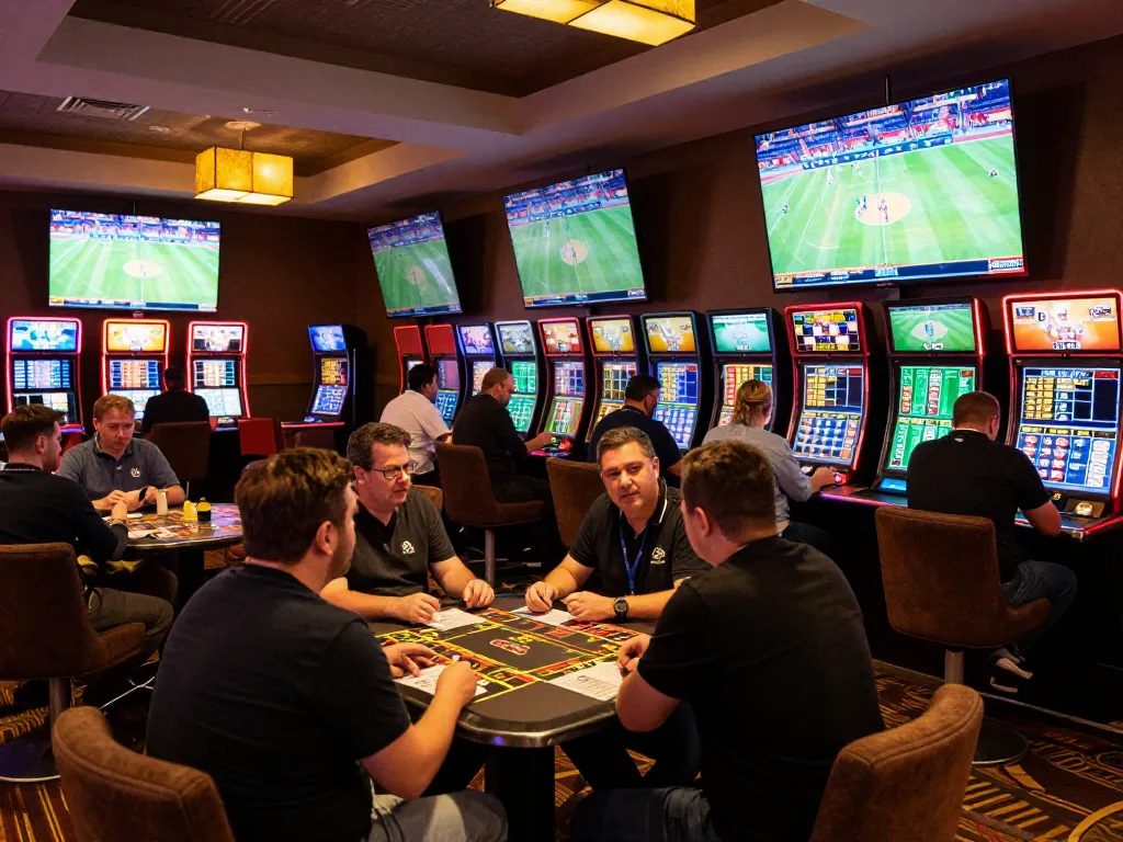 Engage with link cf68 in a lively sports betting lounge, showcasing bettors analyzing odds on screens.