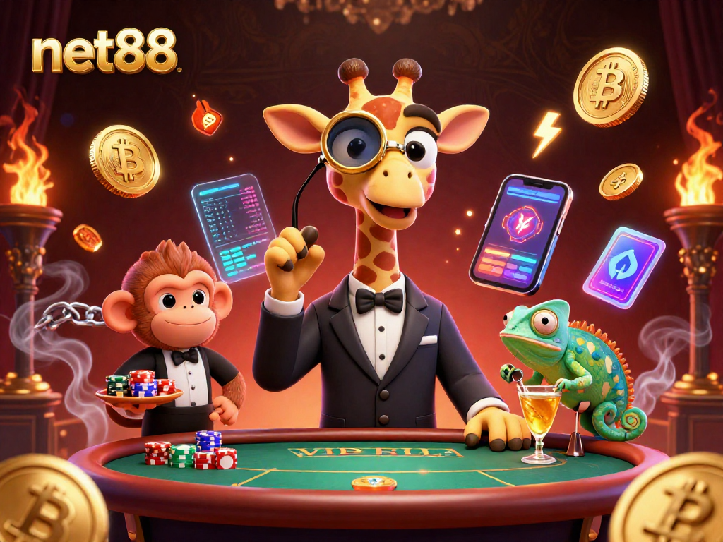 Experience the excitement of net88 with a high-roller giraffe and a monkey valet in a vivid casino scene.