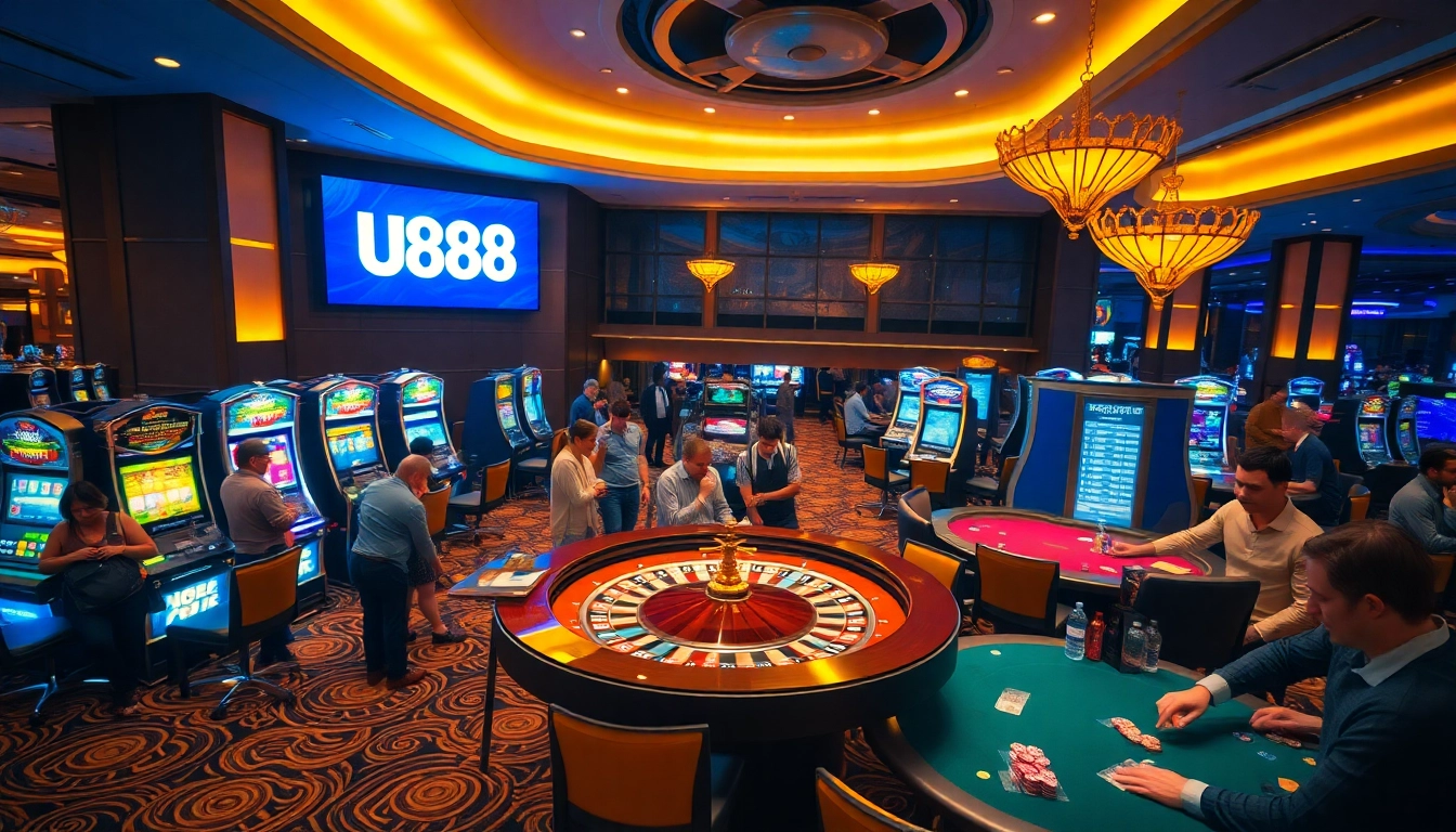 Engaging scene showcasing U888 casino atmosphere with players at roulette and poker tables.