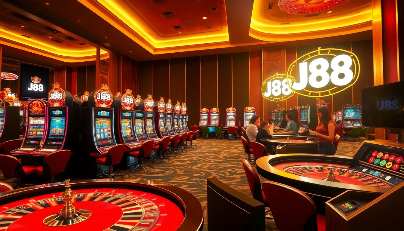 Engaged players enjoying the thrill of J88 casino slot machines and games.