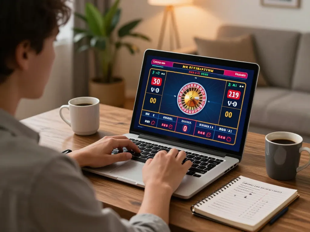 Player engages in online gambling on go86vn with laptop displaying a roulette game.