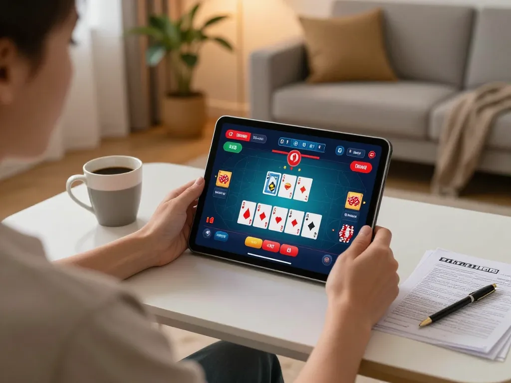 Player enjoying online poker at home on 79king platform with cards and strategy notes
