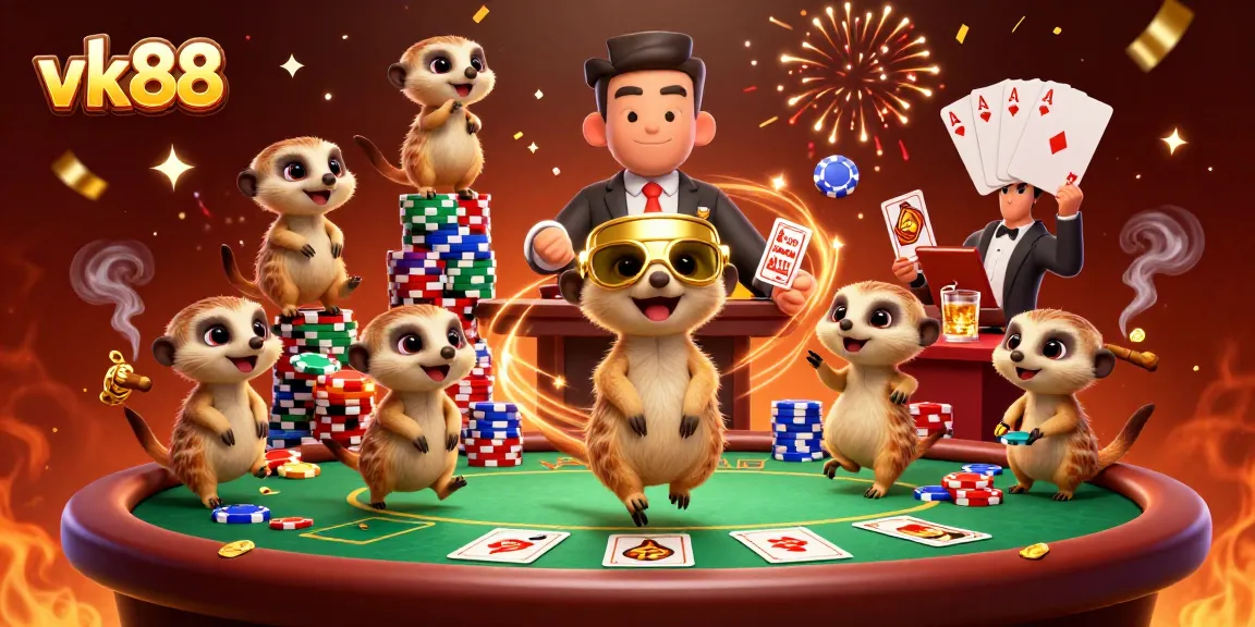 Experience the excitement of vk88 with meerkats engaged in a vibrant casino setting.