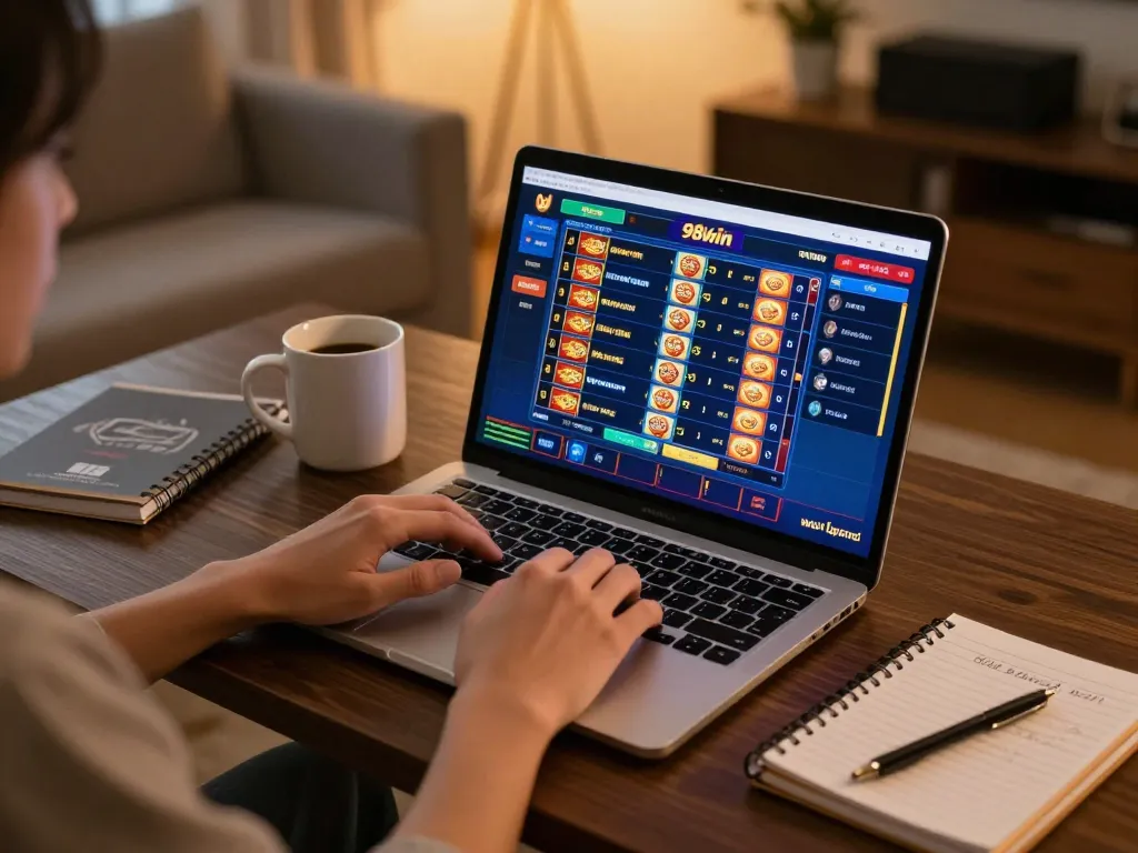 Person engaged in online gambling at 98win, enjoying a cozy setup with strategic notes.