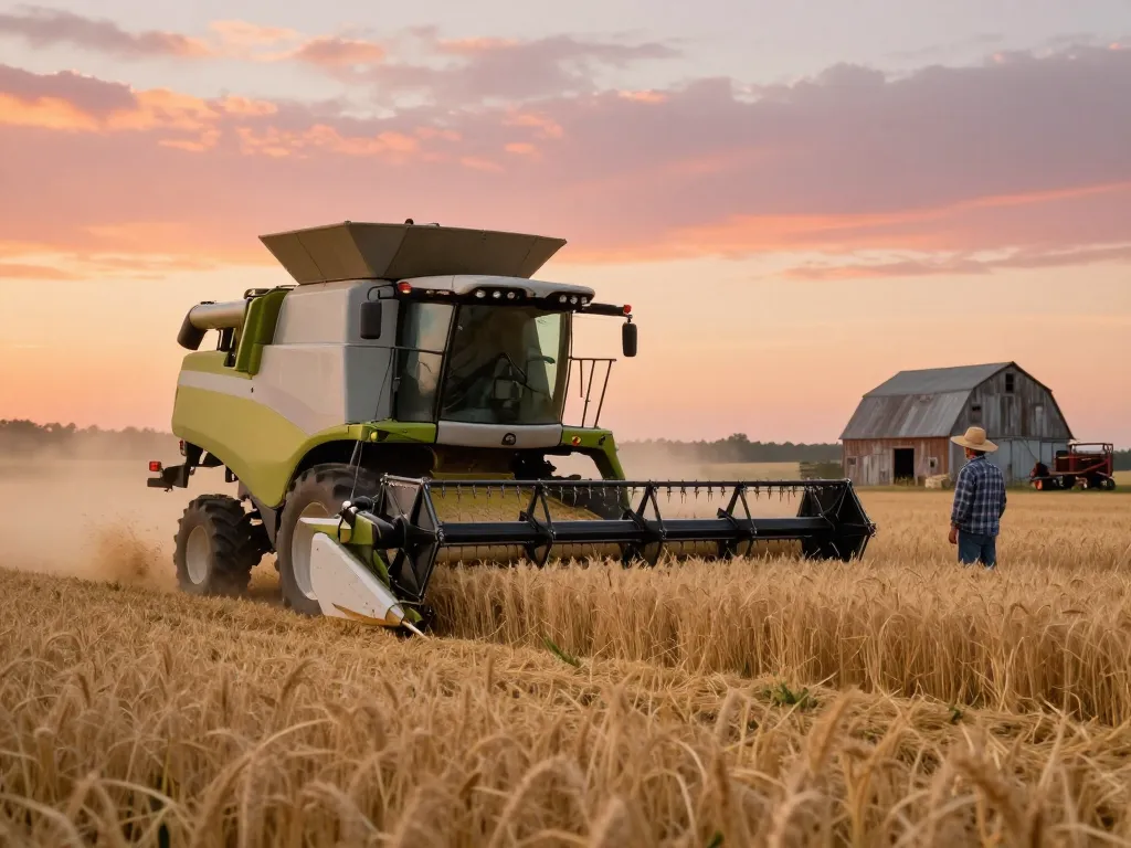 New Holland TR88 harvester in action at sunset, showcasing modern agriculture's efficiency.