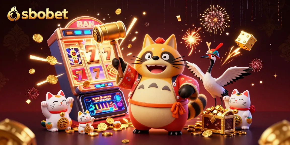 SBOBET captures the thrill of casino gaming with a cheerful tanuki, vibrant jackpots, and golden dice.