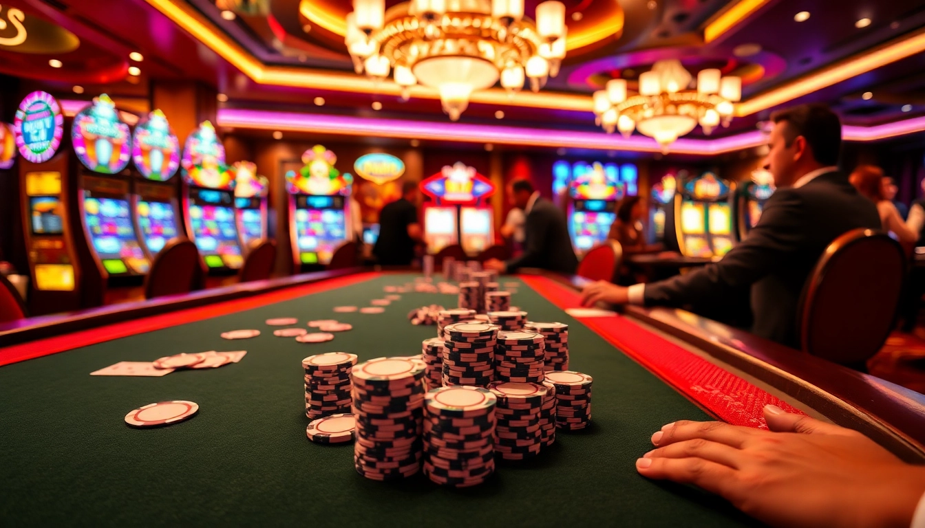 Exciting poker game experience at b29 casino with vibrant chips and cards.
