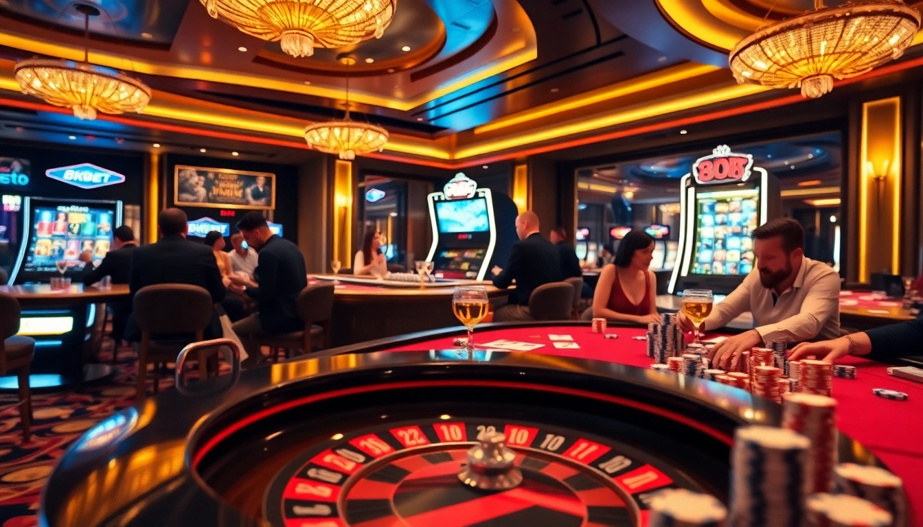 Players enjoying a thrilling game at 8KBET casino table with vibrant poker chips.