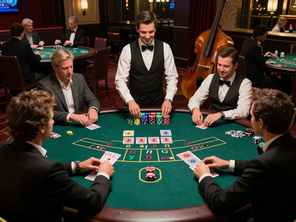 fly88 players engaged in a high-stakes blackjack game, showcasing strategy and excitement.