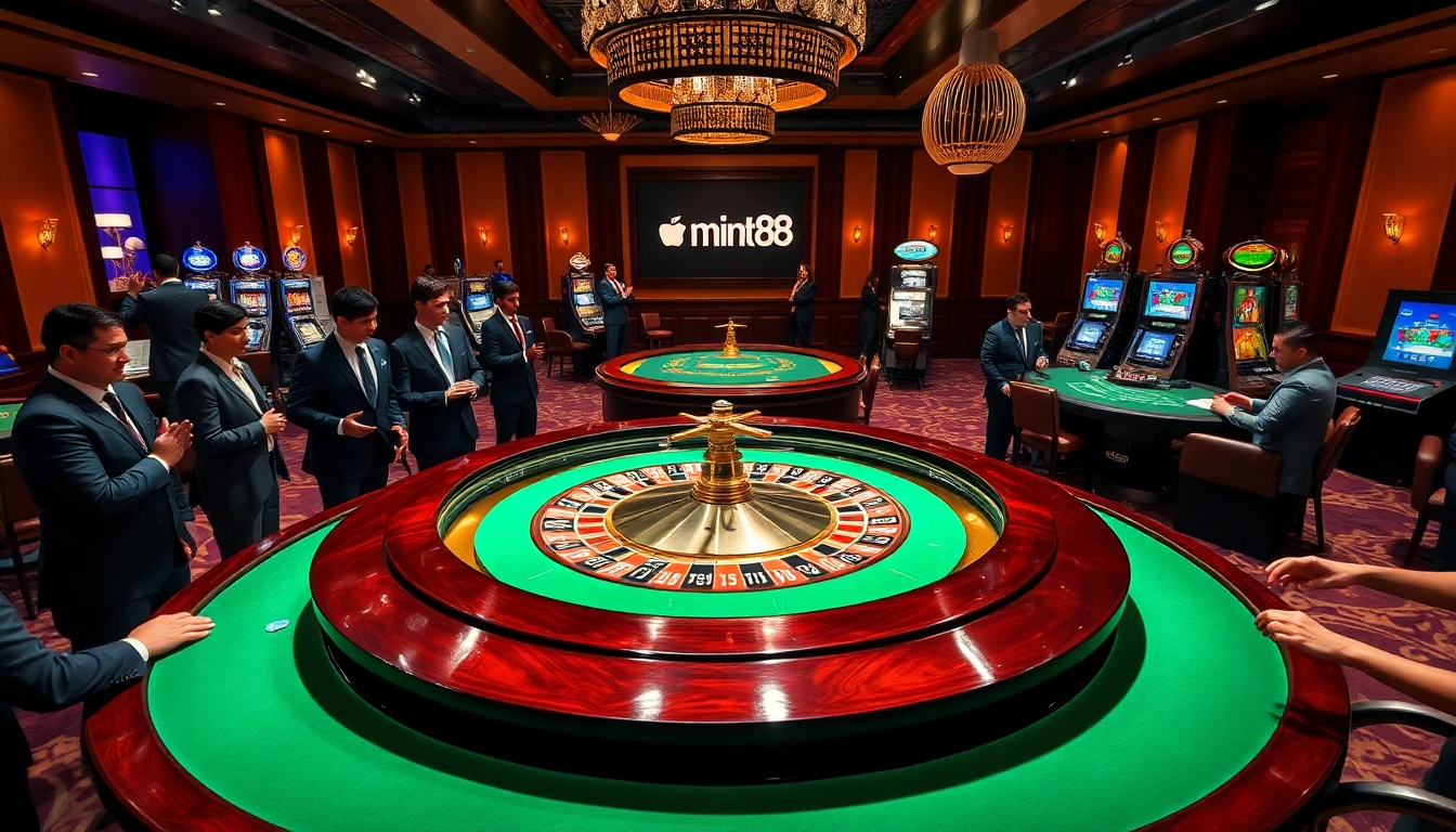 Players enjoying a luxury casino experience at the mint88 roulette table, featuring vibrant chips and cards.