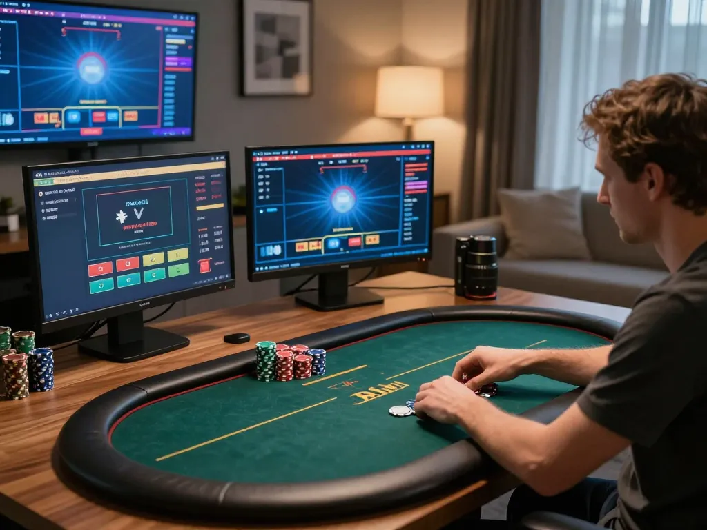Hit club online poker player analyzing strategies at a stylish home office.