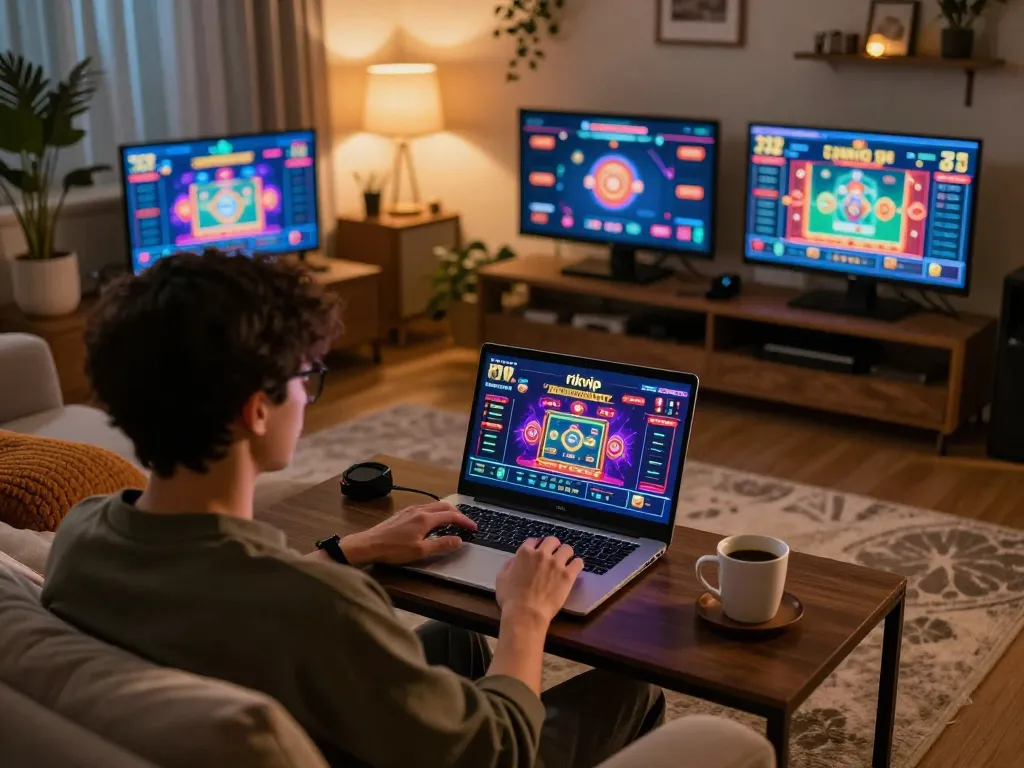 Person engaging in a strategical online gaming session using rikvip's casino platform at home