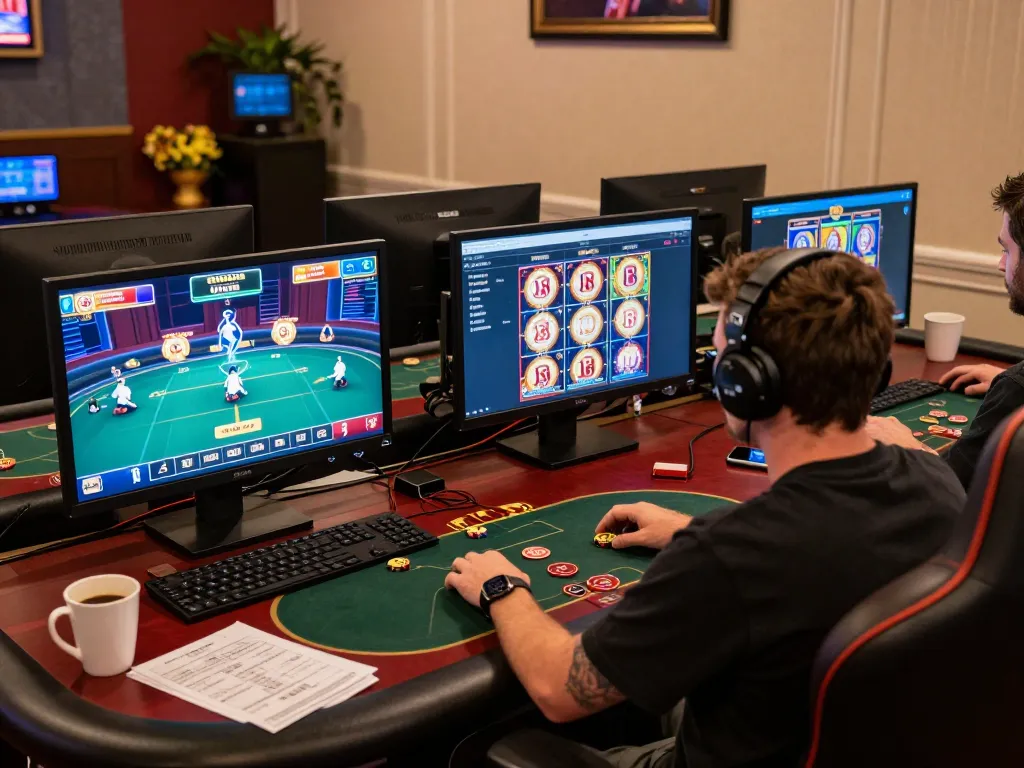Player engaging with fly88 online casino gaming setup on multiple screens, showcasing exciting betting options