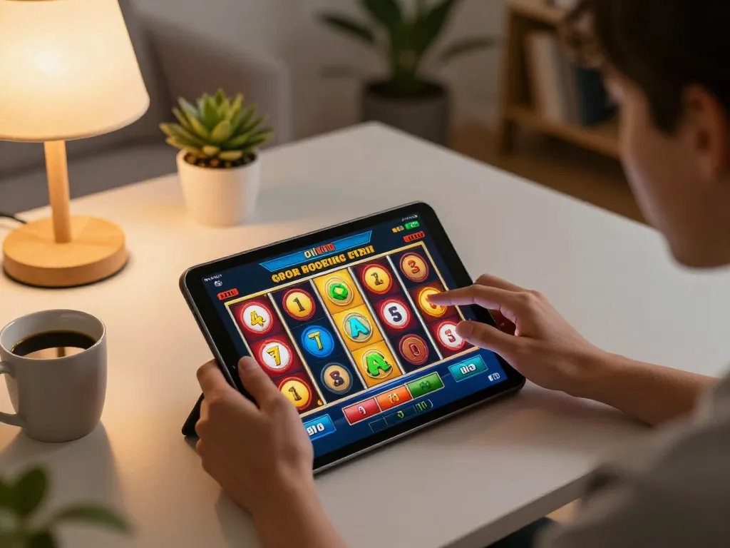 Engaging in online slots at trang chủ 789win, user eagerly anticipates winning combination, cozy home environment.