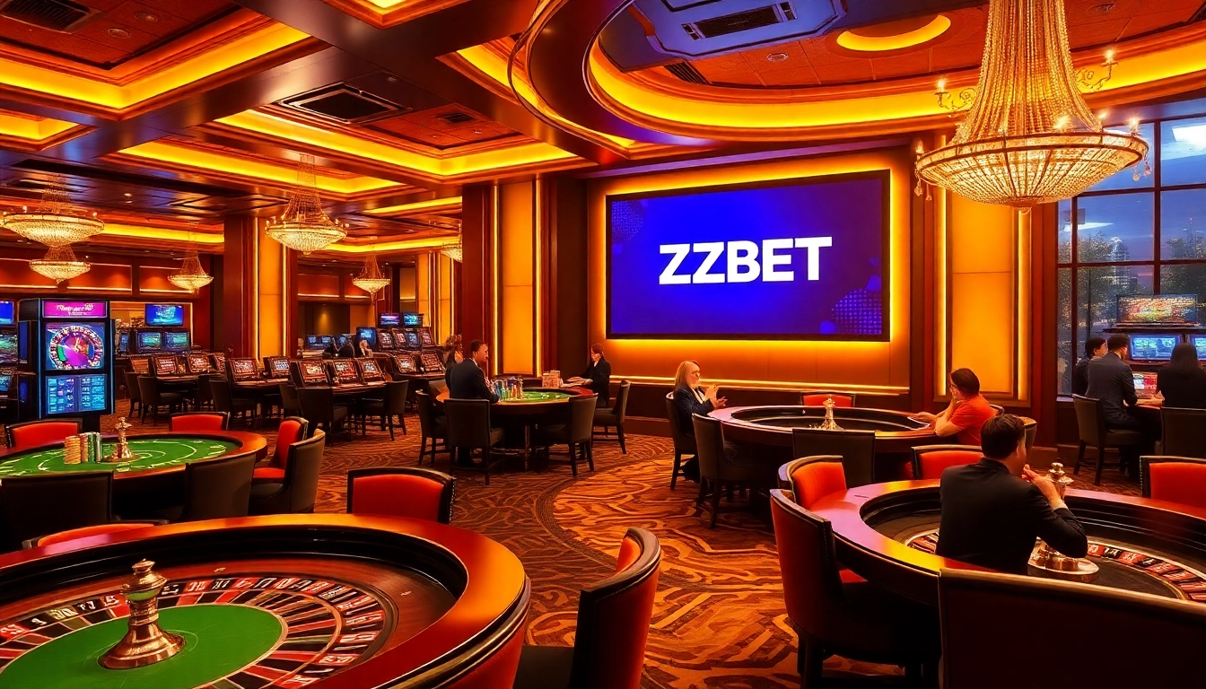 ZBET logo displayed in a vibrant luxury casino scene with poker tables and roulette wheels.