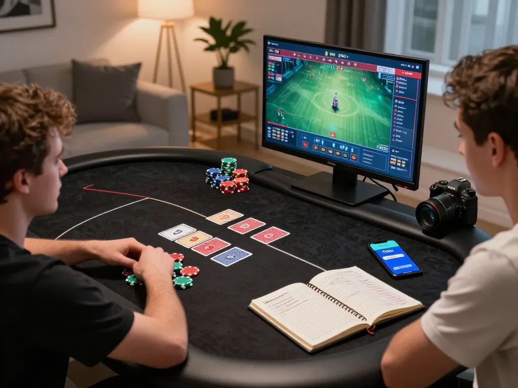 Engaging player strategizing with DU88 app during an online poker session at home.