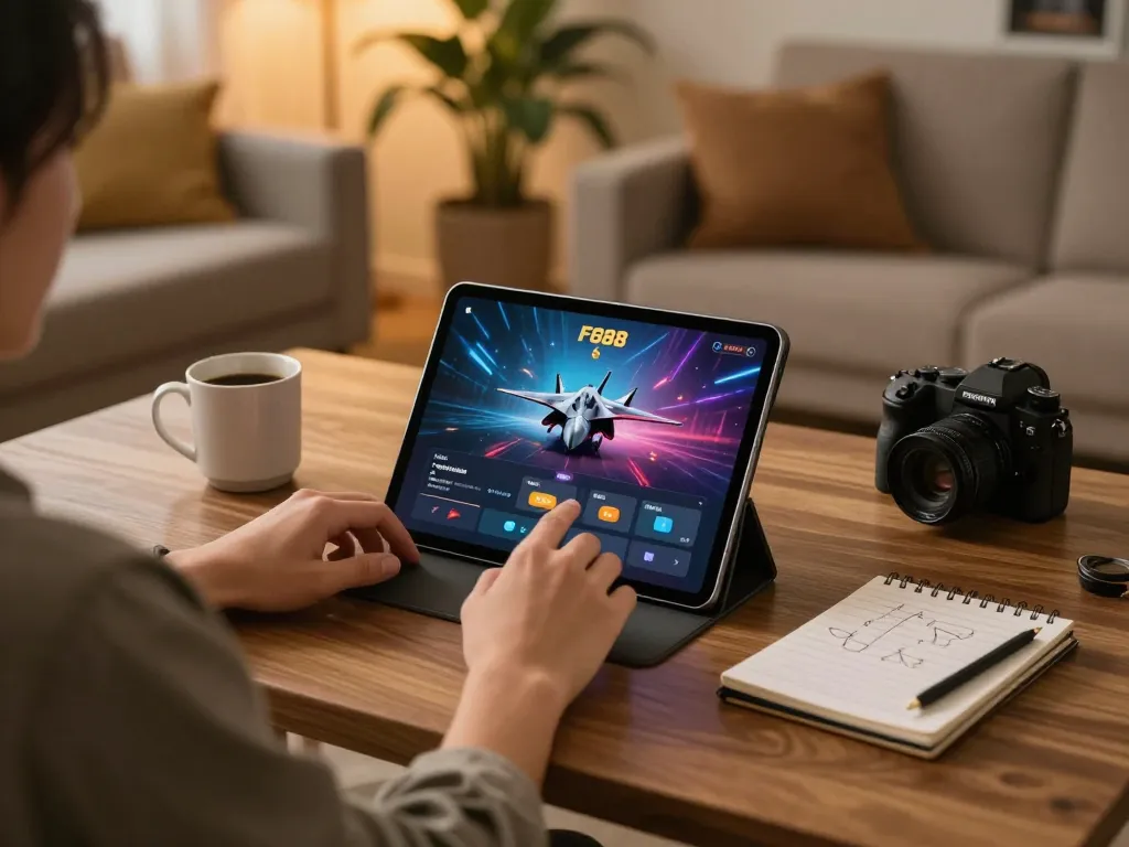 Playing F168 on a cozy tablet setup with notes, emphasizing responsible gaming strategies