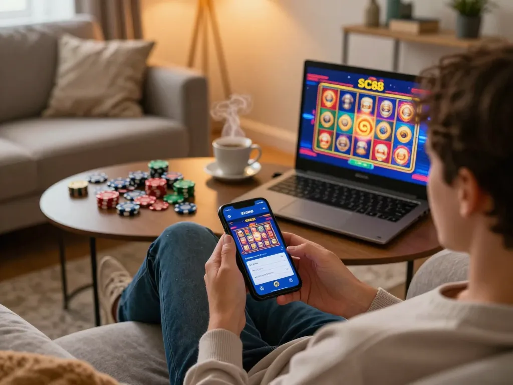 Engaging in the SC88 Game on a smartphone while relaxing at home, highlighting the vibrant gaming experience.
