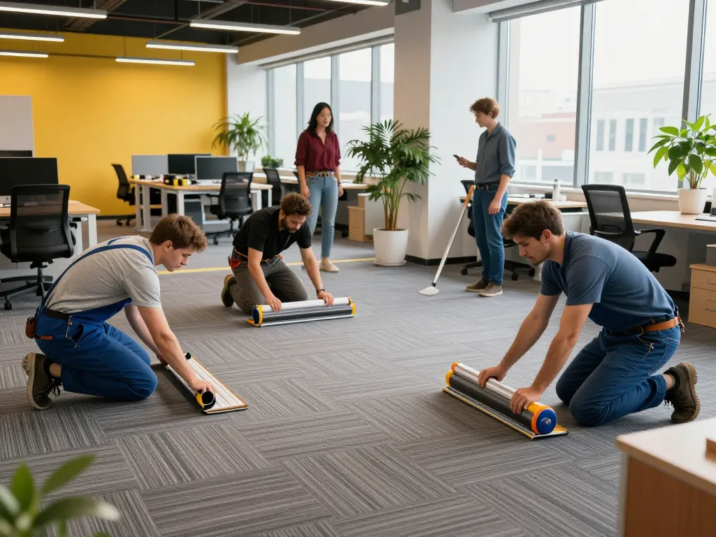 Commercial carpet installation team working together in a vibrant office setting.