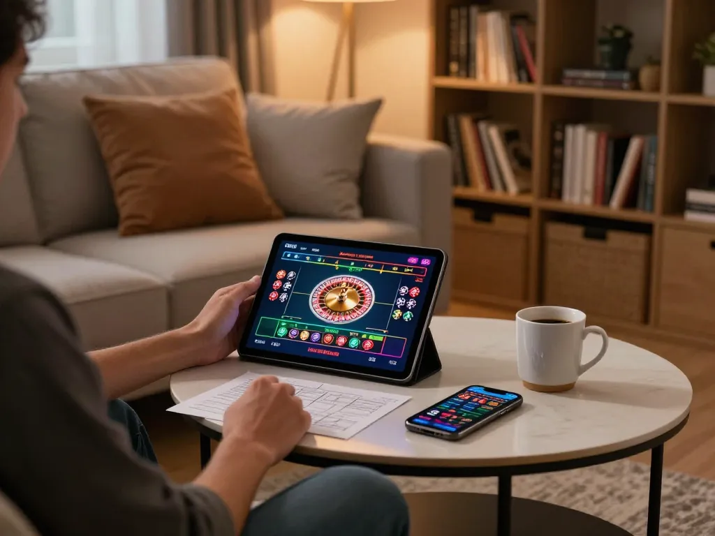 A player strategies betting on Tg88 while using a tablet in a cozy home setup, showcasing engaging online gambling atmosphere.