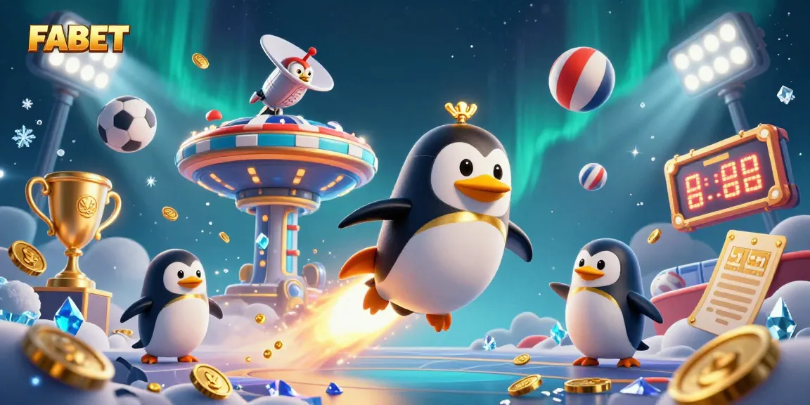 Experience the excitement of FABET with a golden penguin soaring towards a vibrant casino.