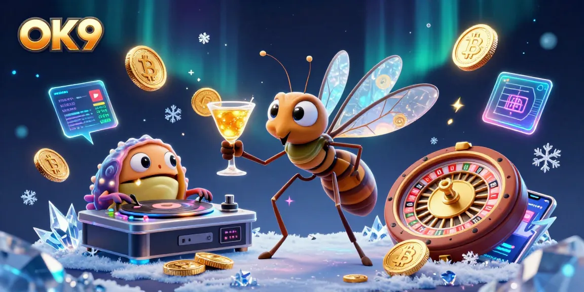 Engage with OK9's thrilling casino experience, as a frozen-in-amber mosquito mascot enjoys a golden cocktail.