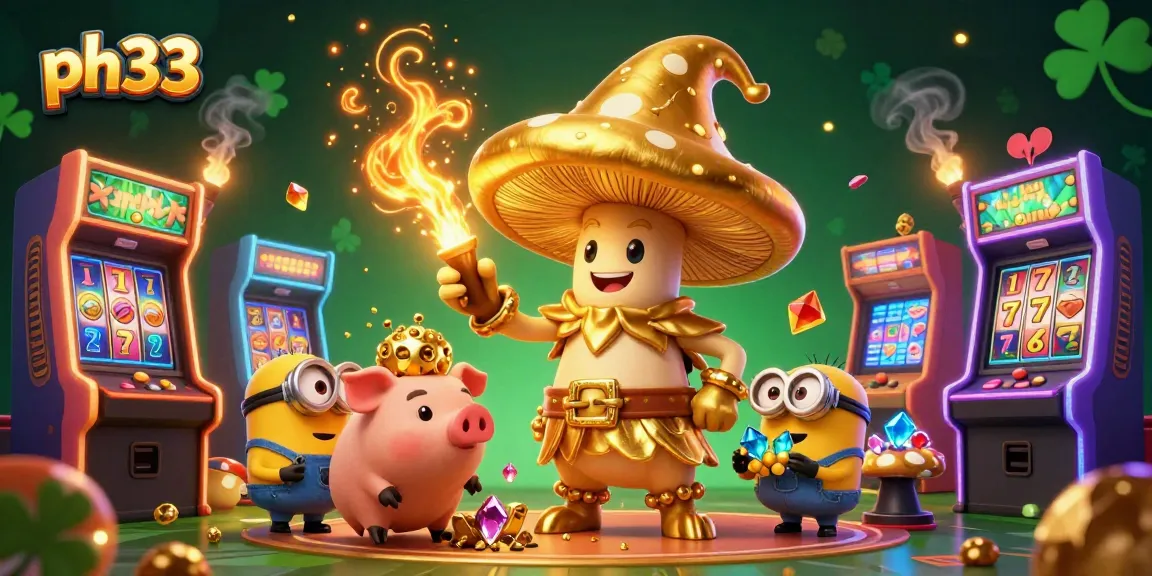 Experience the magical world of ph33 with a golden mushroom wizard and treasure-hunting pig in a bustling casino scene.