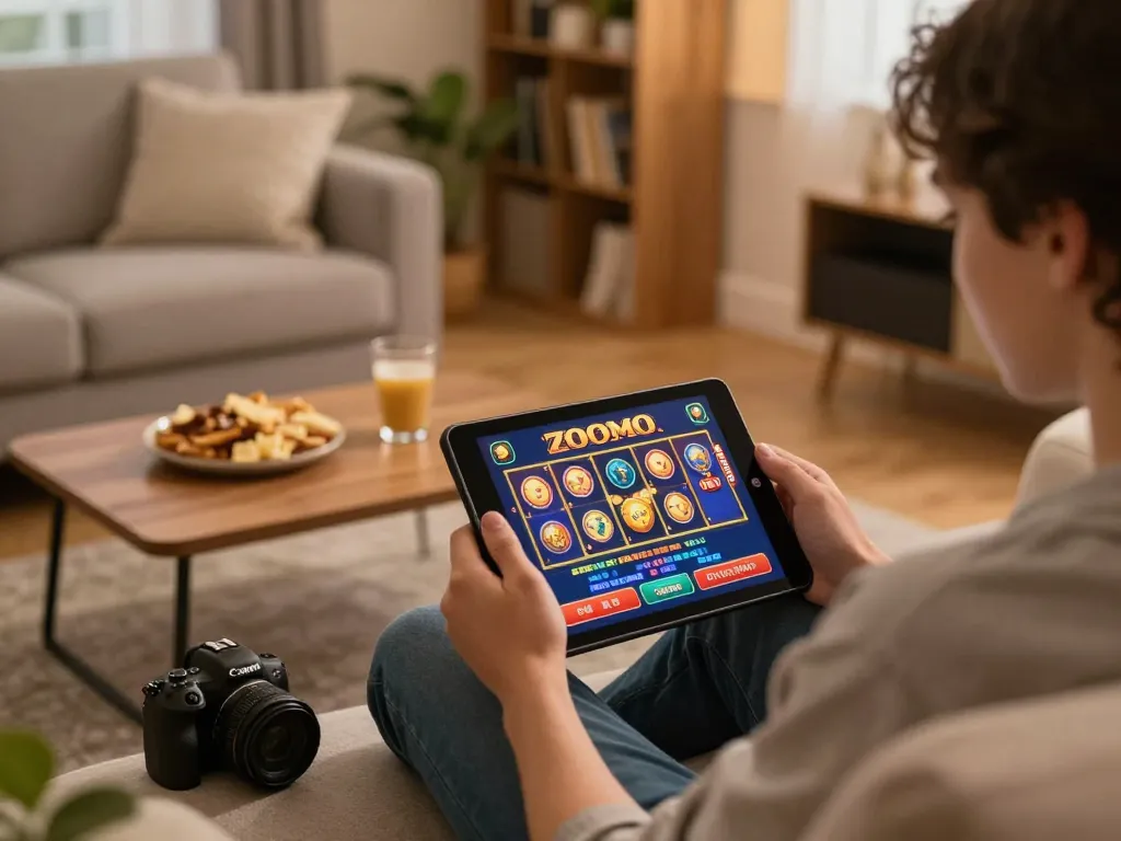 Player enjoying zoomo casino on a tablet in a cozy home setting with snacks and warm lighting.