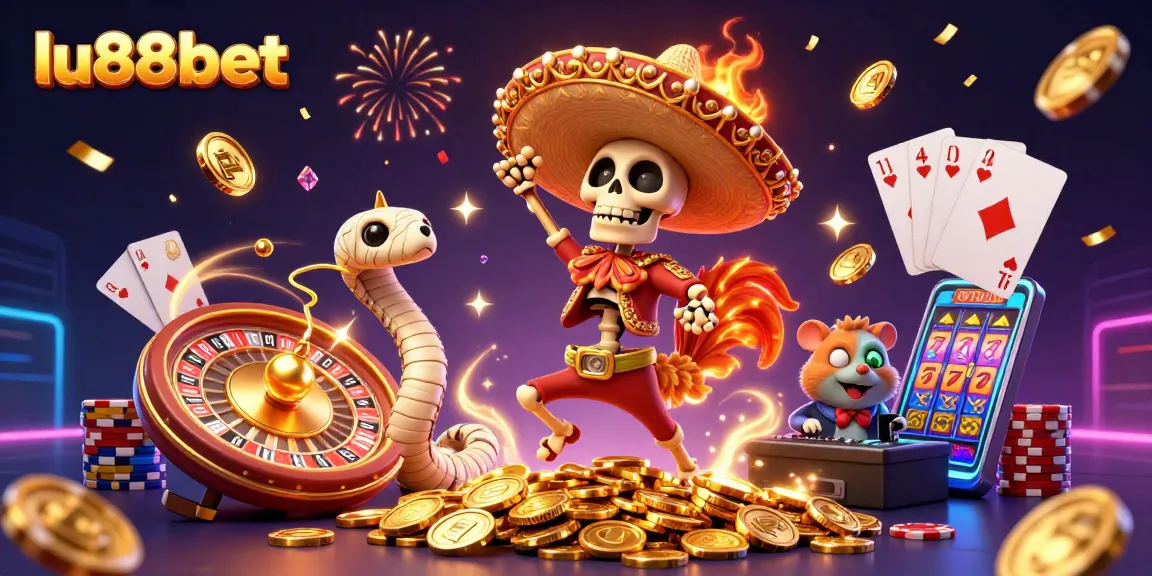 Win big with lu88bet in this vibrant casino illustration featuring thrilling games and dynamic characters.