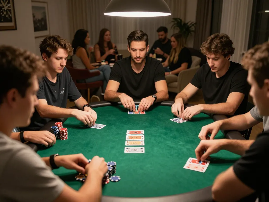 Players strategizing in a private poker game at home, showcasing the excitement of 789win.