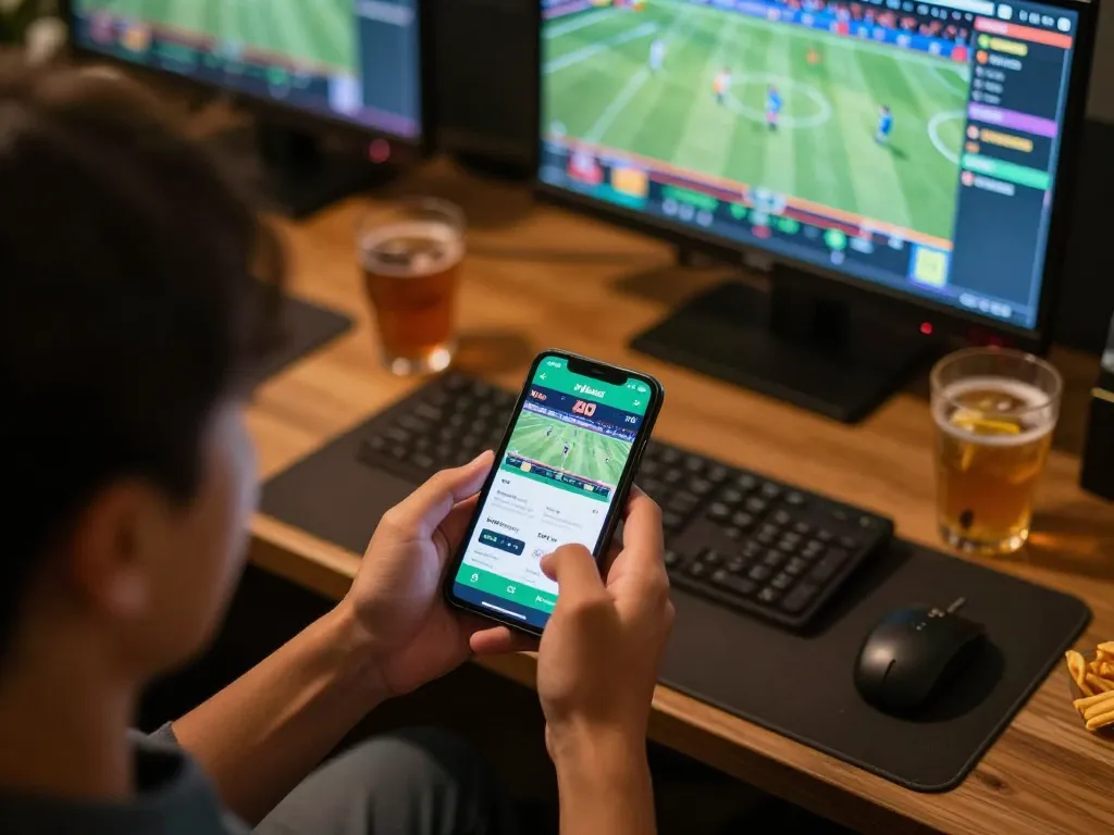 Engaging in strategic betting at nhà cái xibet app on smartphone in a cozy home setting.