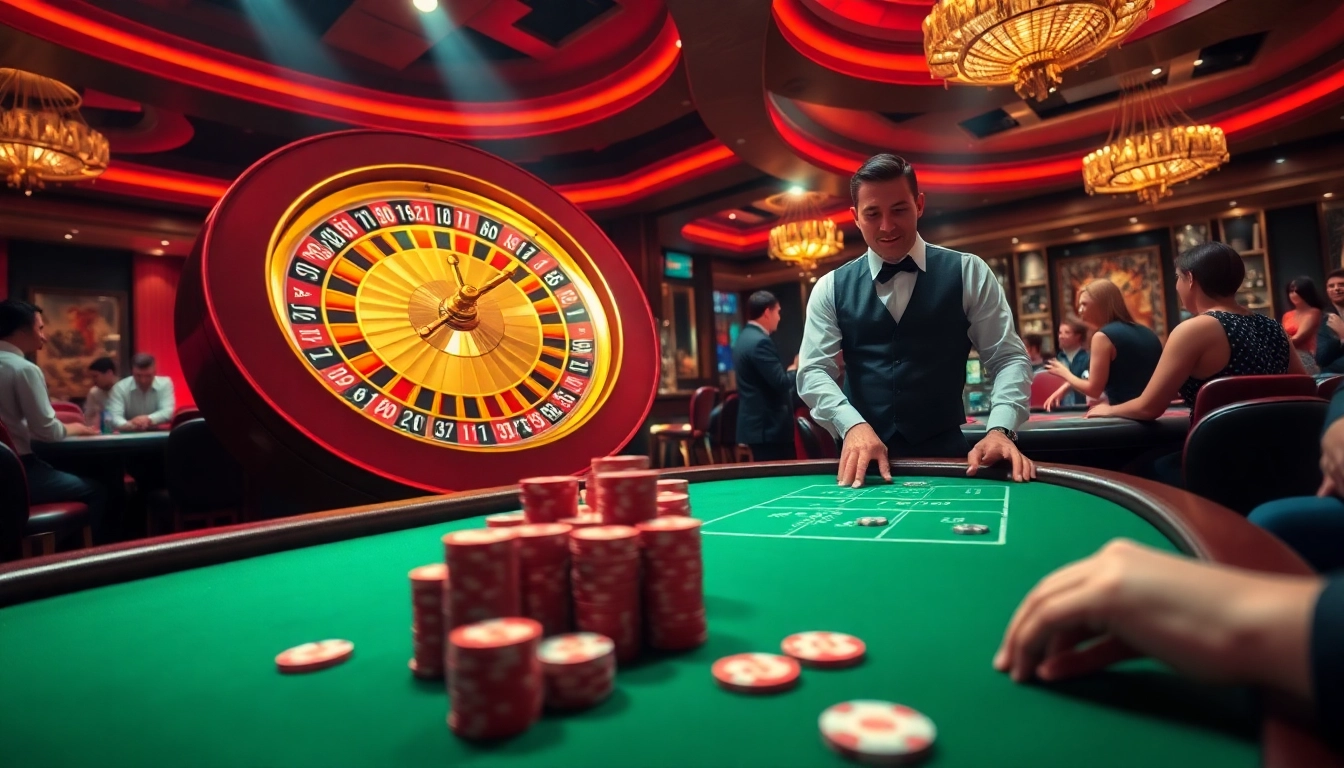 Engaging casino atmosphere highlighting 888b's vibrant poker tables and roulette wheel action.