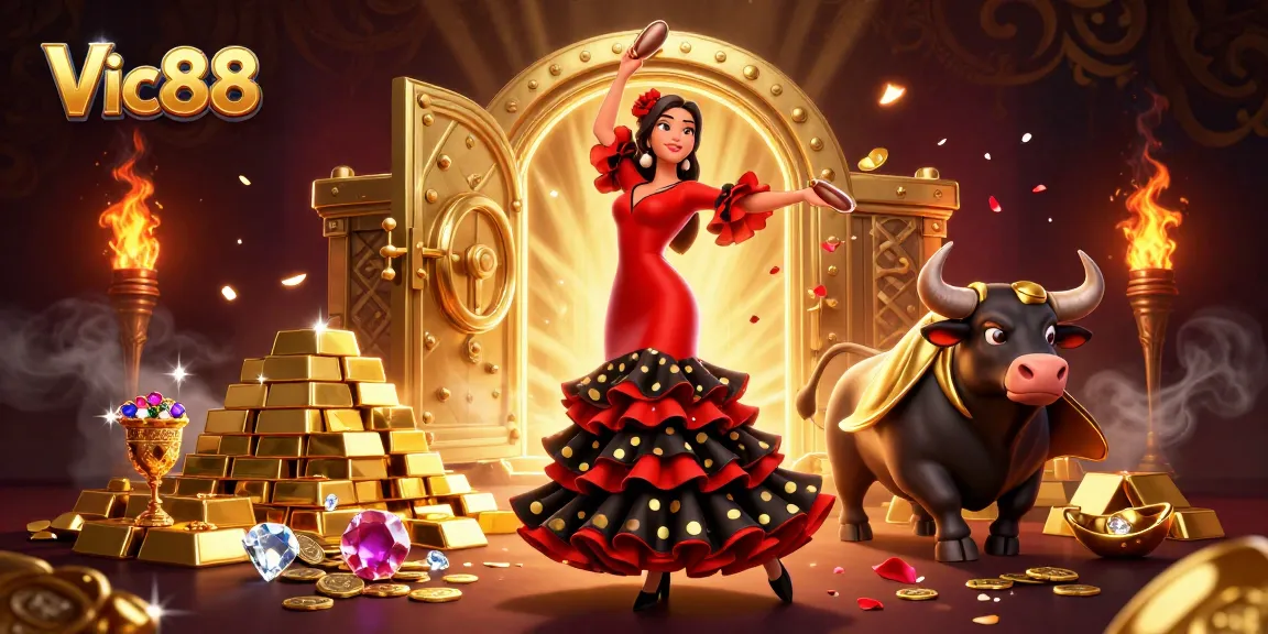 Experience the thrill of gambling at Vic88 with vibrant illustrations and dynamic casino elements.
