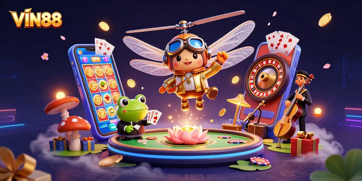Engage with VIN88 for thrilling casino action, featuring a colorful illustration of dragonfly pilot and frog croupier.
