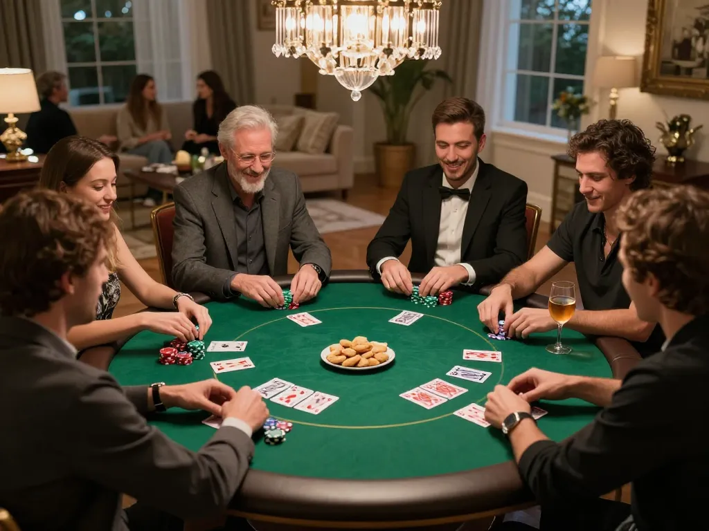 Engaged players at a private poker game discussing strategy, showcasing 789WIN's gaming expertise.