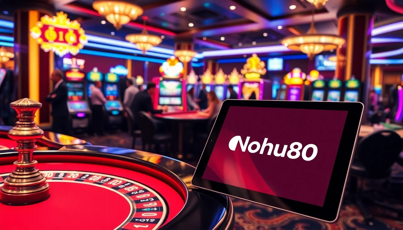 Nohu90 players enjoying a thrilling roulette game at a luxurious casino, showcasing excitement and sophistication.