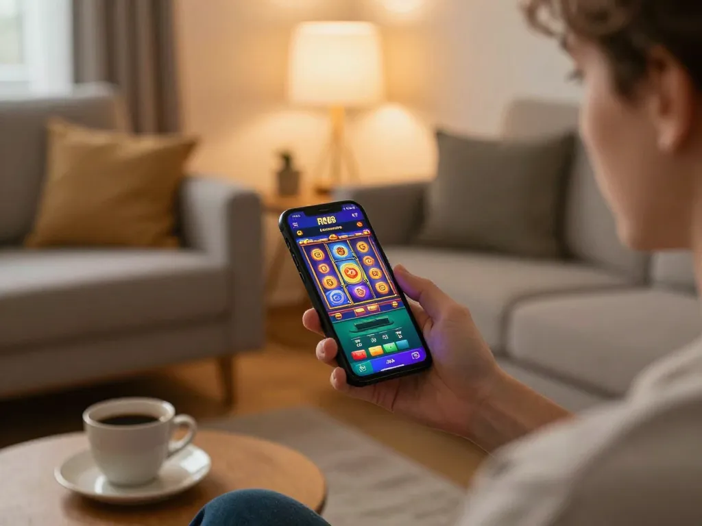Player enjoying rr88 mobile app for slots, relaxed home environment with engaging visuals.