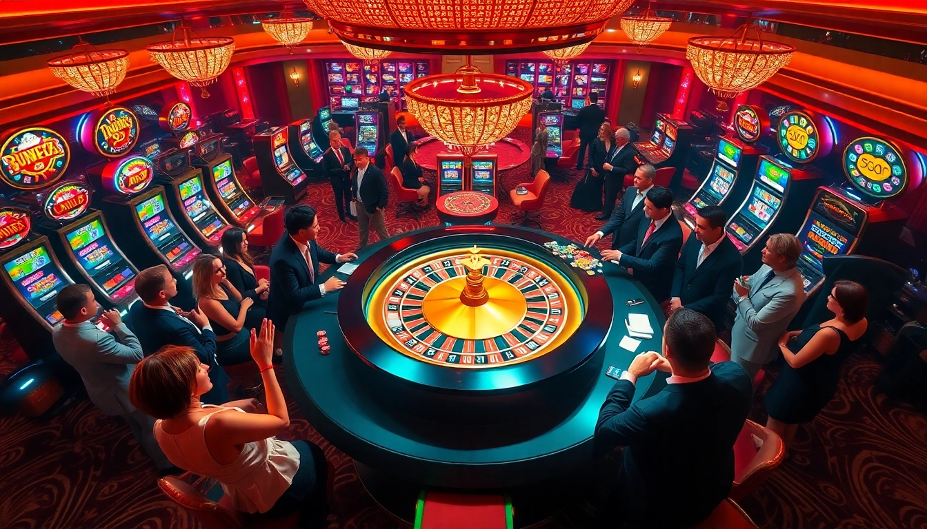 Players enjoying high-stakes gaming at a 69vn casino, featuring a luxurious roulette table and vibrant slot machines.