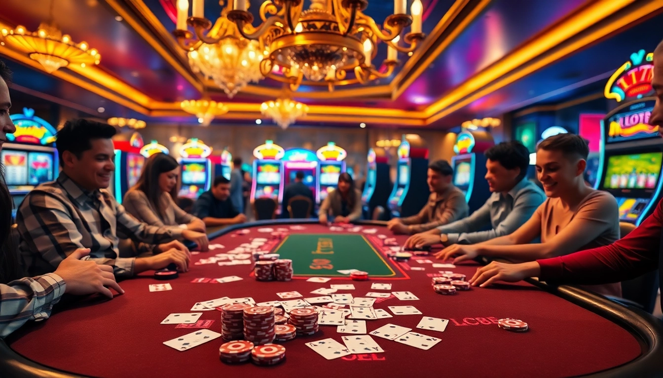 Players engage in an exciting game at the LC88 poker table amid a vibrant casino atmosphere.