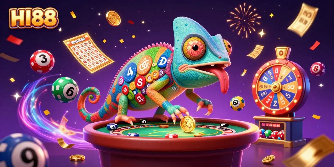 Experience the excitement of HI88 with a vibrant casino-themed illustration, featuring a chameleon owner and dynamic game elements.